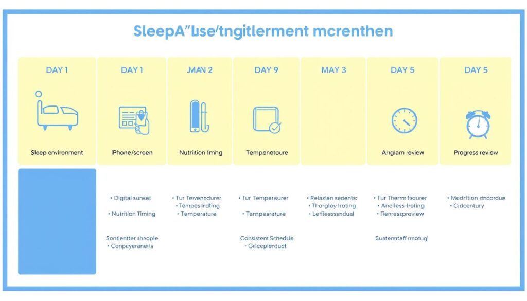 7-day calendar showing daily SleepLean implementation steps with simple icons 7-day calendar showing daily SleepLean implementation steps with simple icons