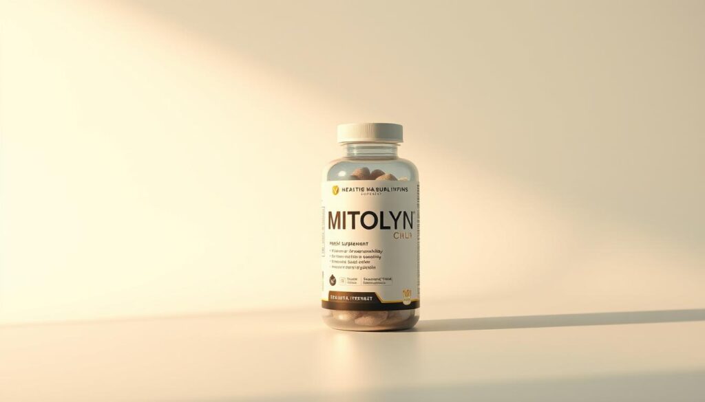 A bold, minimalist design with a strong focal point. In the foreground, a sleek, modern bottle of MITOLYN supplement stands prominently, illuminated by warm, directional lighting that casts dramatic shadows. The background is a clean, white void, allowing the product to take center stage. The composition is balanced and visually striking, conveying a sense of quality, efficacy, and scientific precision. The overall mood is one of clinical professionalism and health-conscious appeal.