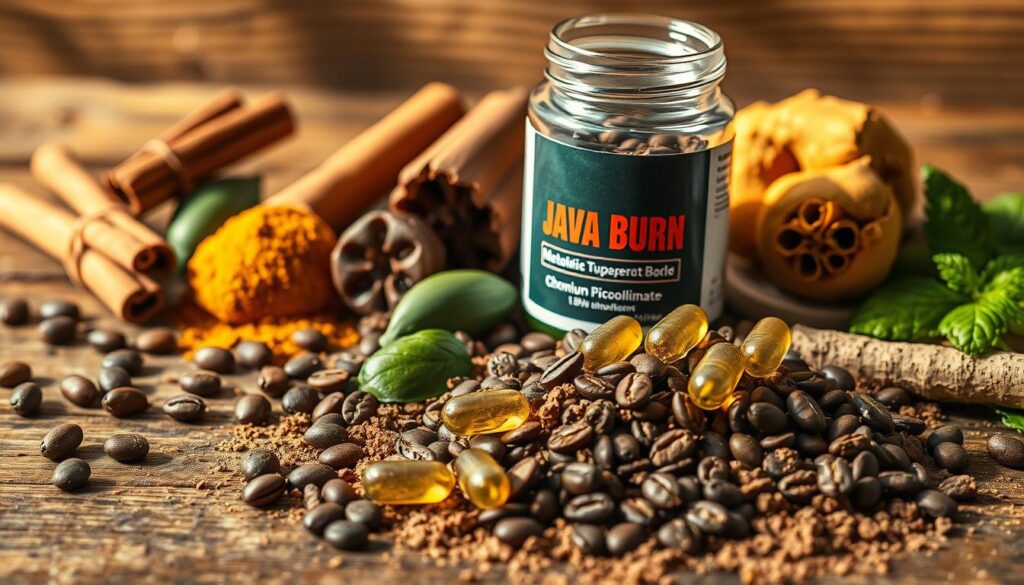 A close-up, highly detailed image of the key ingredients in Java Burn weight loss supplement, artfully arranged on a rustic wooden surface. In the foreground, a scattering of ground coffee beans, green tea leaves, L-theanine powder, and chromium picolinate capsules. In the middle ground, whole cinnamon sticks, turmeric root, and a glass container filled with a proprietary blend of metabolism-boosting herbs and vitamins. The background features soft, natural lighting, casting warm shadows and highlighting the rich, earthy tones of the ingredients. The overall composition conveys a sense of quality, purity, and the powerful, natural benefits of the Java Burn formula.