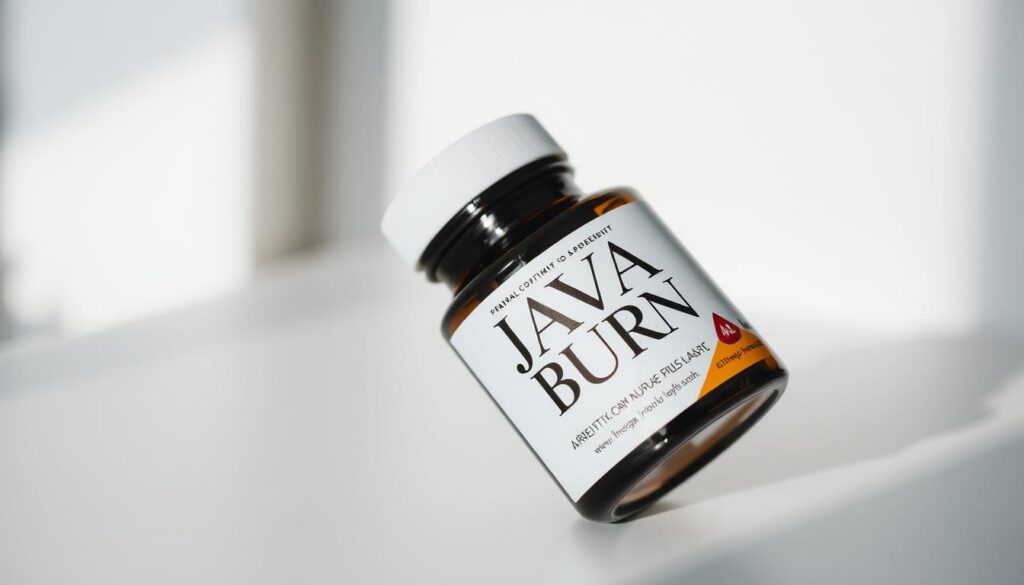 A sleek, minimalist close-up shot of the Java Burn supplement bottle, resting on a clean, white surface. The bottle's label prominently displays the product name and branding in a modern, elegant typeface. Soft, even lighting from the side creates subtle shadows and highlights the bottle's smooth, matte texture. The background is blurred, placing the focus entirely on the product. The overall mood is one of sophistication, quality, and health-conscious appeal.