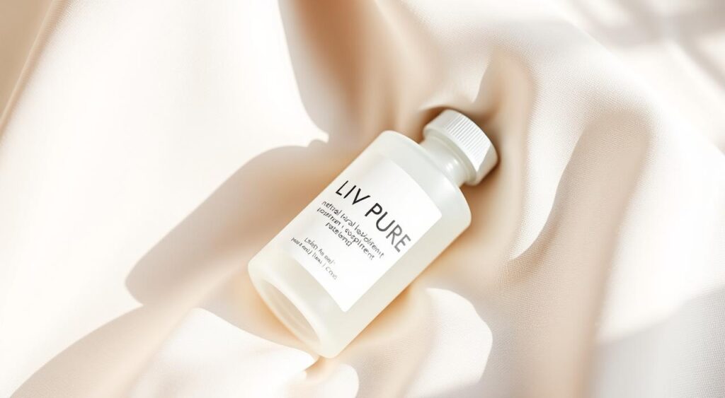 A sleek, minimalist package of a natural skincare supplement, "LIV PURE", resting on a soft, neutral-colored surface. The bottle is made of frosted glass, with a simple label displaying the brand name in clean, modern typography. The lighting is soft and diffused, creating a serene, natural ambiance. The composition is carefully balanced, with the supplement bottle occupying the central focus, framed by a subtle, out-of-focus background. The overall mood is one of purity, simplicity, and wellness.