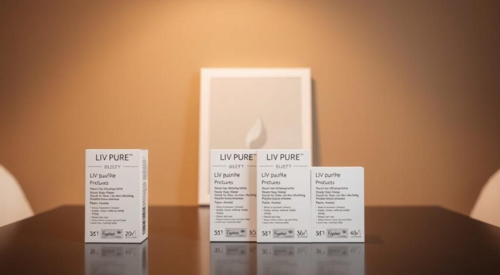 A sleek, modern table display showcasing the LIV PURE pricing options. The foreground features three distinct product packages, each with a clear price tag and concise description of the included supplements. The middle ground shows a minimalist product image, highlighting the high-quality, natural appearance of the LIV PURE supplements. The background is a soft, muted gradient, placing the focus entirely on the pricing information. The lighting is warm and inviting, creating a sense of wellness and transparency. The camera angle is slightly elevated, giving the viewer a clear, unobstructed view of the pricing tiers and product details.