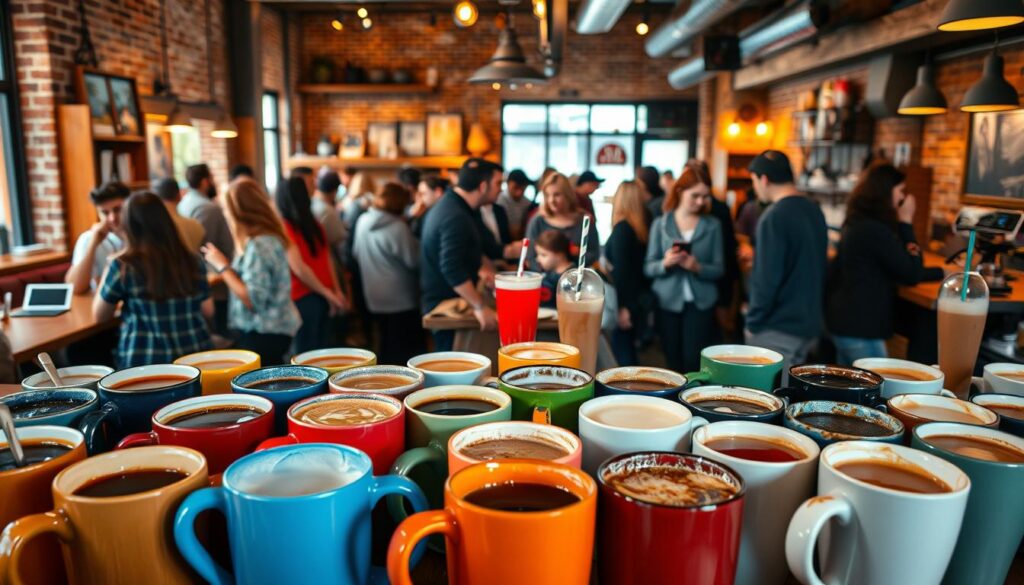 A vibrant and bustling American coffee shop scene, with the focus on the diverse array of coffee drinks and trends. In the foreground, an array of colorful mugs filled with various coffee concoctions - from classic black coffee to frothy cappuccinos, flavored lattes, and iced coffee drinks. The middle ground features a lively crowd of customers, some chatting animatedly, others engrossed in their laptops or tablets, creating a sense of energy and community. In the background, the coffee shop interior is depicted with warm lighting, exposed brick walls, and rustic wooden furnishings, conveying a cozy and inviting ambiance. The overall scene captures the dynamic and ever-evolving nature of American coffee culture, where tradition and innovation seamlessly coexist.