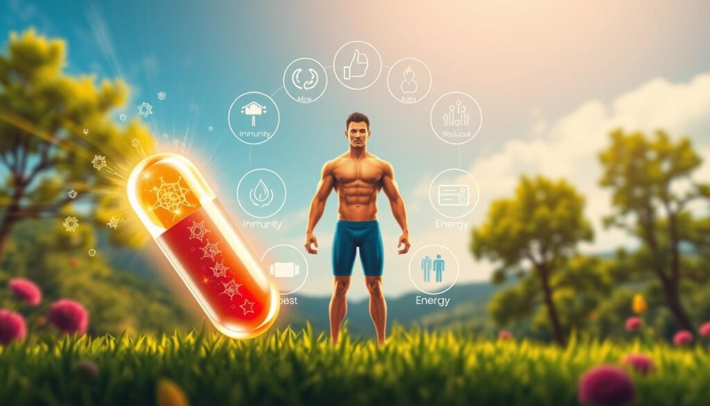 A vibrant and detailed digital illustration showcasing the key benefits of Mitolyn, a health supplement that boosts the body's natural defenses. In the foreground, a glowing capsule radiates energy, surrounded by a halo of molecular structures representing its active ingredients. In the middle ground, a strong, healthy human figure stands tall, with various icons depicting improved immunity, reduced inflammation, and enhanced energy levels. In the background, a serene natural landscape with lush greenery and a clear blue sky conveys a sense of overall wellbeing. The lighting is warm and inviting, creating a harmonious and visually compelling composition that effectively communicates the multifaceted benefits of regular Mitolyn supplementation.