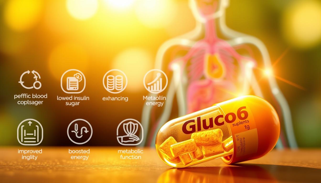 A vibrant, detailed illustration of the benefits of Gluco6 dietary supplement. In the foreground, a large, vivid capsule of Gluco6 with clear labeling and a glowing, golden aura. In the middle ground, a series of icons representing the key benefits - lowered blood sugar, improved insulin sensitivity, boosted energy, and enhanced metabolic function. In the background, a softly blurred medical diagram of the human circulatory system, highlighting the positive effects of Gluco6 on blood glucose regulation. The lighting is warm and natural, with a slight lens flare effect for a realistic, high-quality appearance. The overall mood is informative and aspirational, showcasing the potent, science-backed advantages of this innovative health supplement.