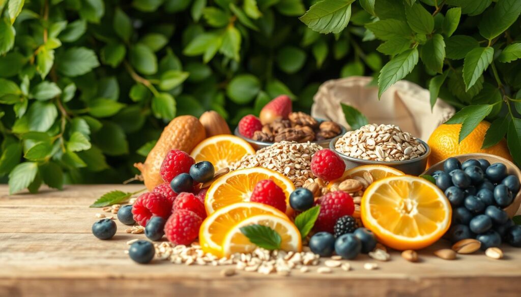 A vibrant, natural scene of various foods and ingredients that can help lower blood sugar levels naturally. In the foreground, a selection of fresh fruits such as blueberries, raspberries, and citrus slices, arranged artfully on a wooden surface. In the middle ground, a collection of nuts, seeds, and whole grains like quinoa and oats. In the background, lush, verdant foliage frames the scene, creating a serene, calming atmosphere. The lighting is soft and diffused, highlighting the natural colors and textures of the ingredients. The overall composition conveys a sense of wellness, balance, and the power of nature to regulate blood sugar through dietary choices.