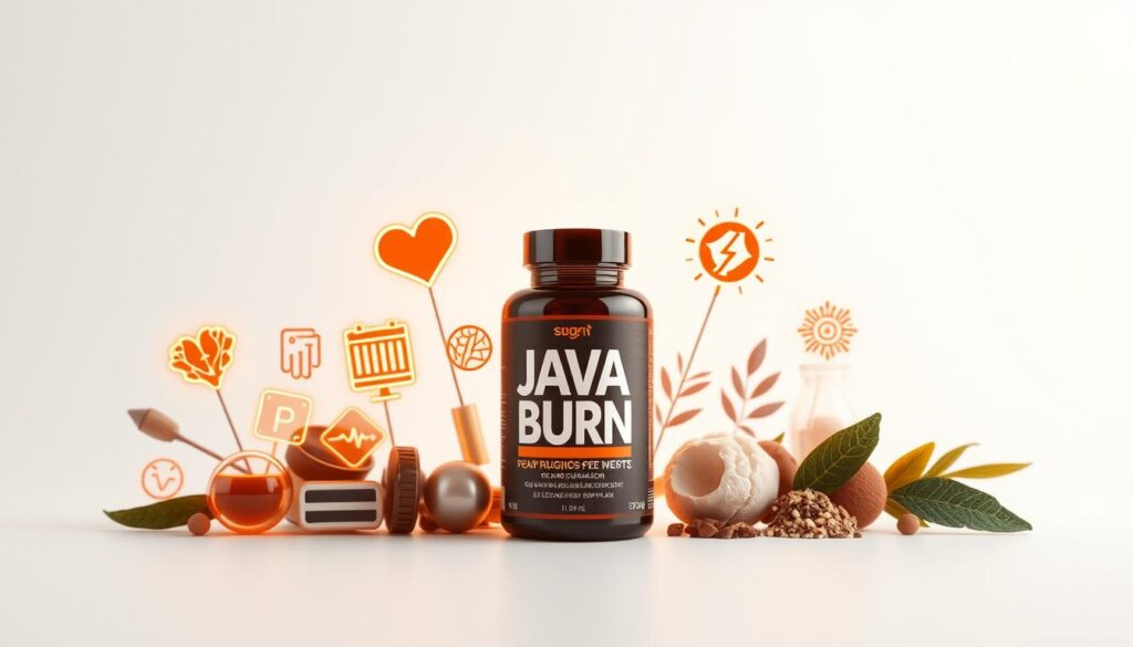 A vibrant, photorealistic image showcasing the key benefits of Java Burn dietary supplement. The foreground features an arrangement of various health-related icons and symbols, including a heart, brain, metabolism, and energy icons, all glowing with a warm, golden hue. The middle ground displays a sleek, modern-looking bottle of Java Burn, highlighted by soft, directional lighting that creates depth and dimension. The background is a clean, minimalist setting, with a crisp white backdrop that allows the product and its benefits to take center stage. The overall composition conveys a sense of wellness, vitality, and the transformative power of the Java Burn supplement.