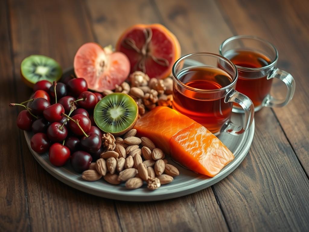 Arrangement of sleep-promoting foods including tart cherries, kiwi, fatty fish, nuts, and herbal tea Arrangement of sleep-promoting foods including tart cherries, kiwi, fatty fish, nuts, and herbal tea