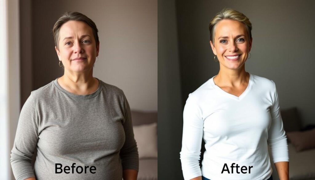 Before and after transformation of a person who implemented SleepLean strategies showing improved appearance and energy Before and after transformation of a person who implemented SleepLean strategies showing improved appearance and energy