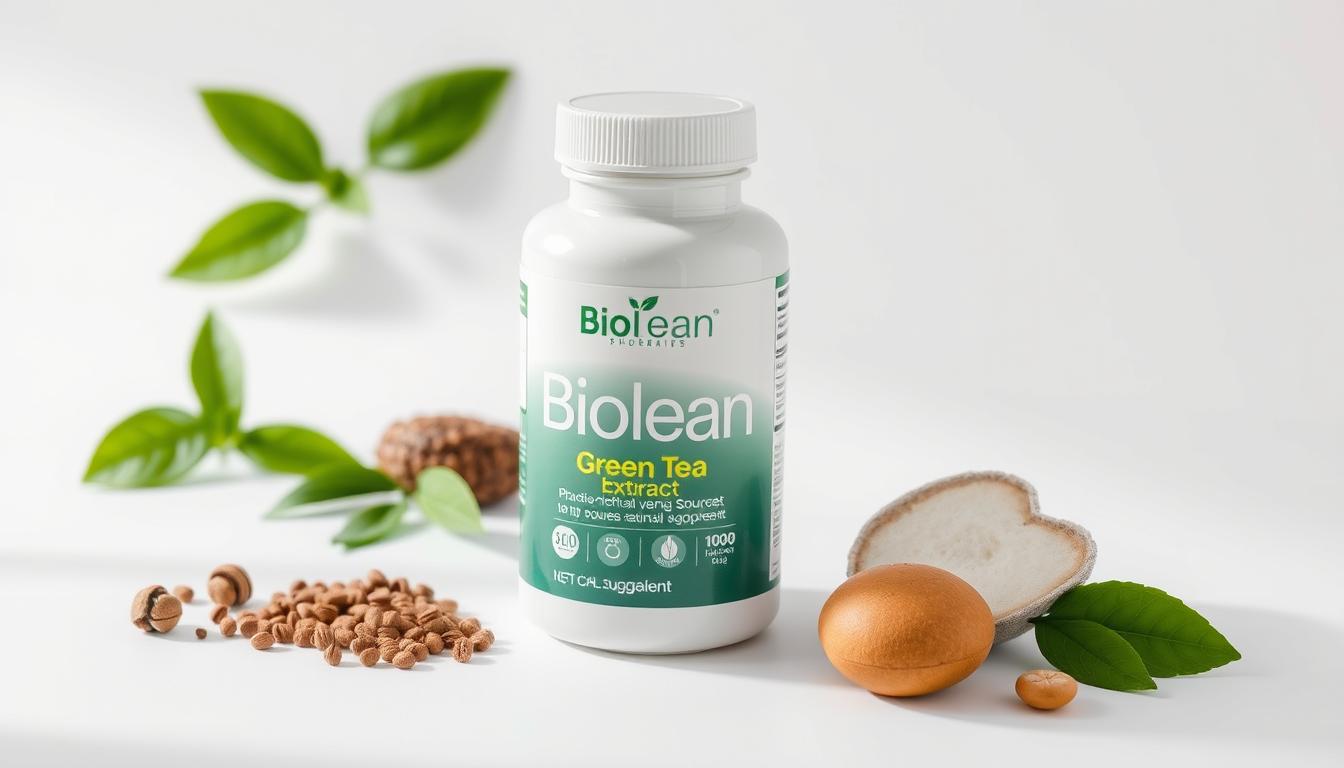 Biolean supplement bottle next to natural ingredients