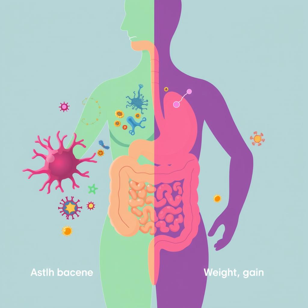 Illustration showing balanced vs. imbalanced gut microbiome and its effect on weight Illustration showing balanced vs. imbalanced gut microbiome and its effect on weight