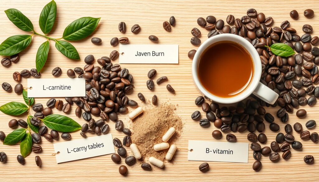 Java Burn ingredients laid out with coffee beans Java Burn ingredients laid out with coffee beans