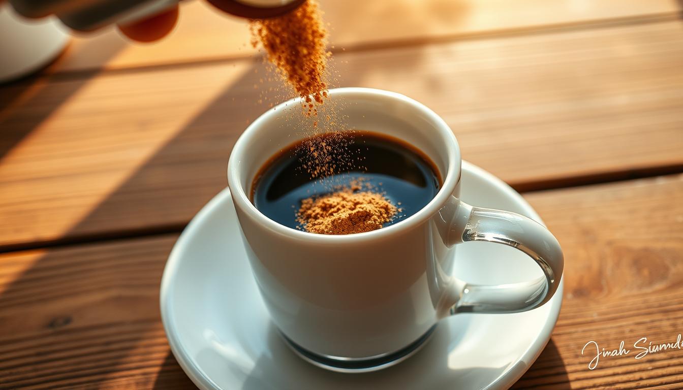 Java Burn powder being added to a cup of coffee