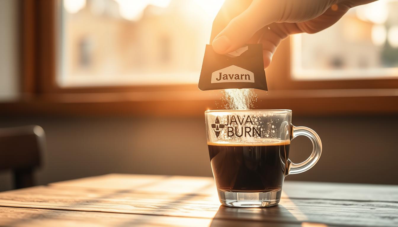 Java Burn powder packet being poured into a cup of coffee