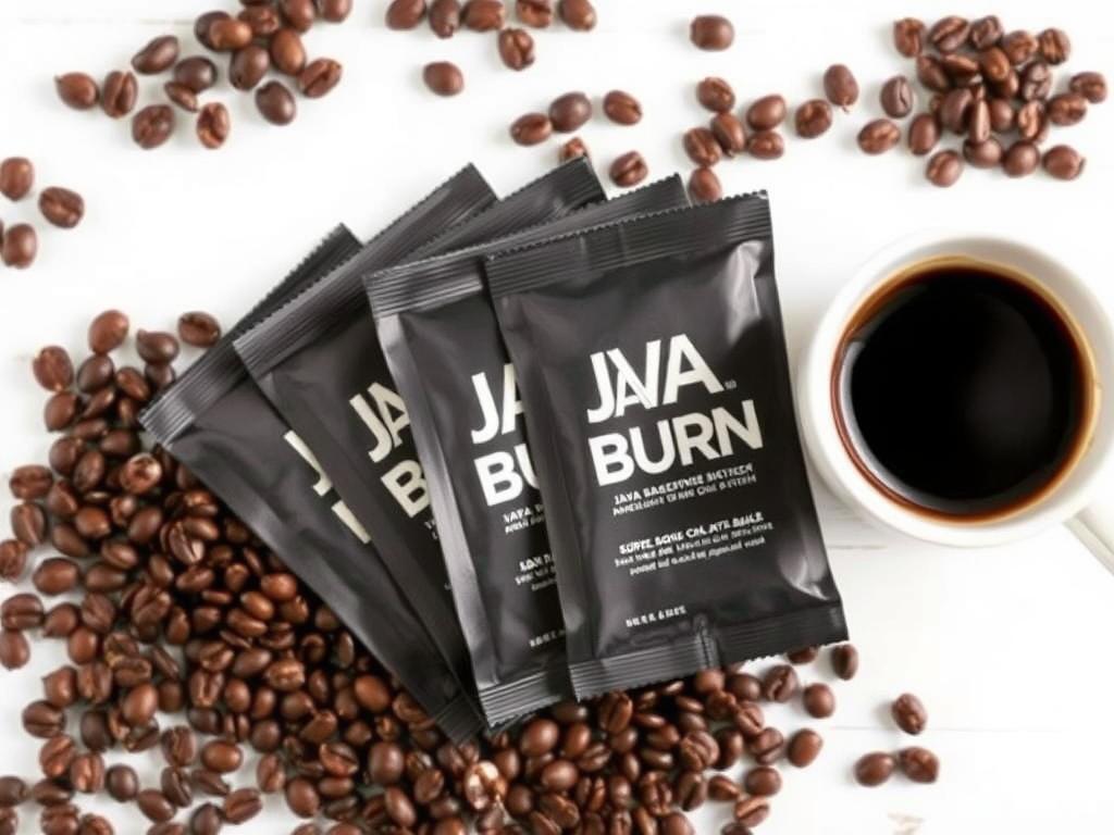 Java Burn supplement packets displayed with coffee beans Java Burn supplement packets displayed with coffee beans