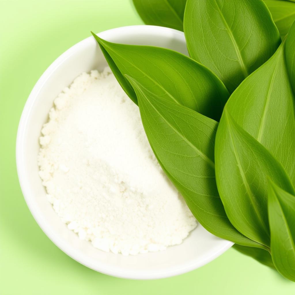 L-Theanine powder and green tea leaves L-Theanine powder and green tea leaves
