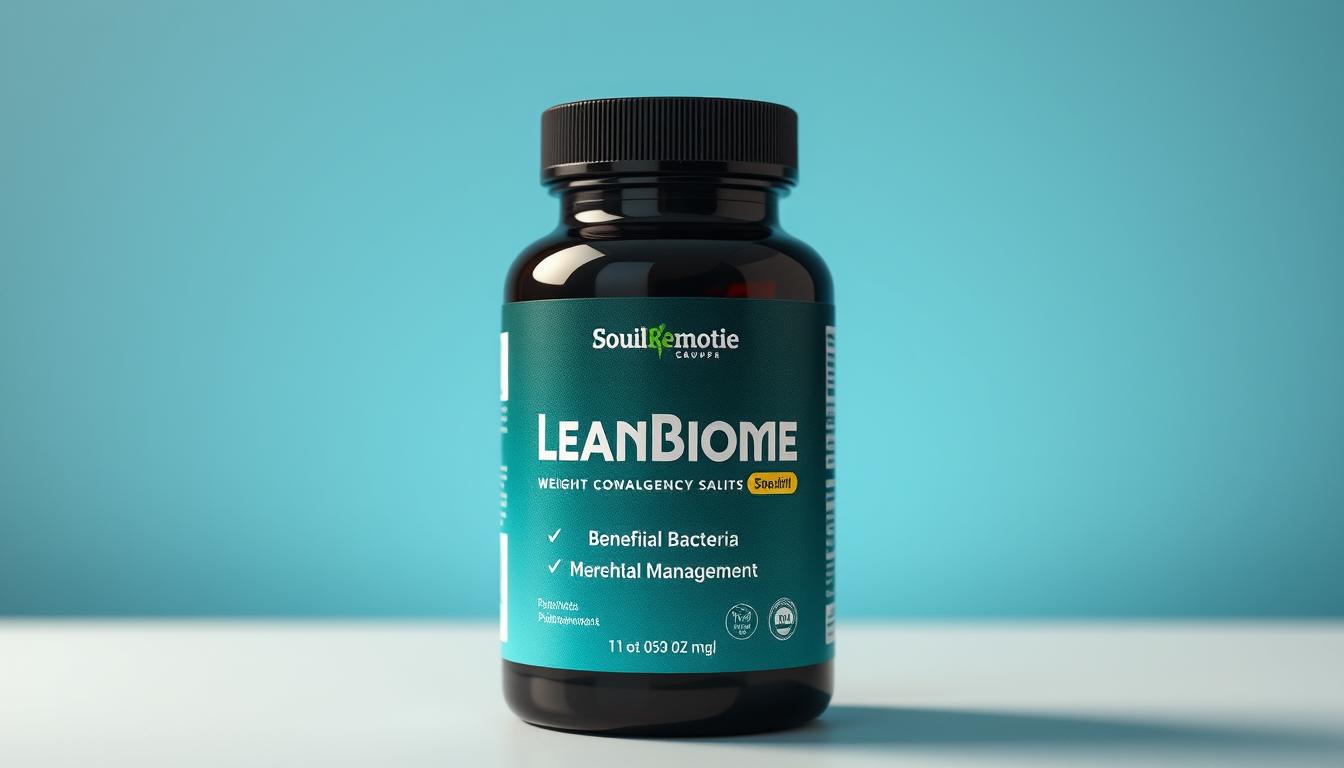 LeanBiome supplement bottle with probiotics and weight management imagery