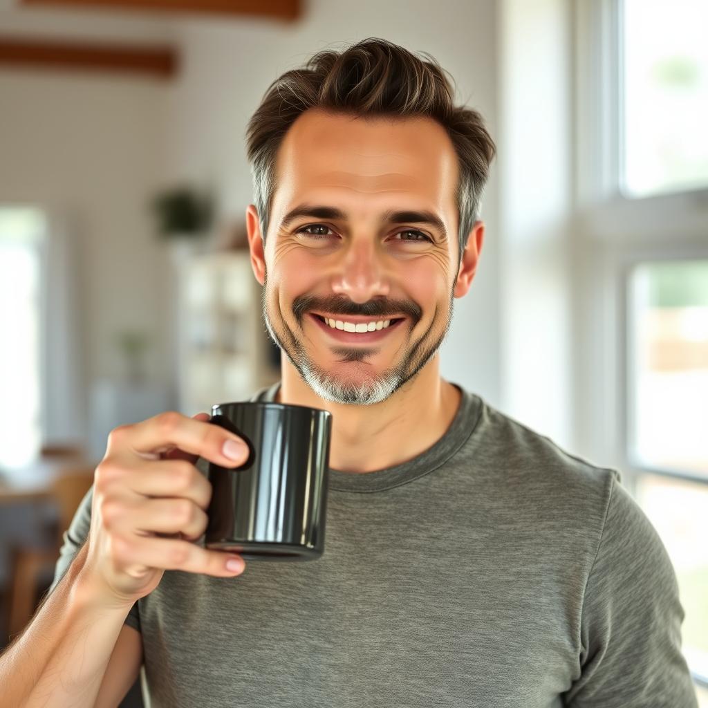 Man with coffee showing weight loss progress Man with coffee showing weight loss progress