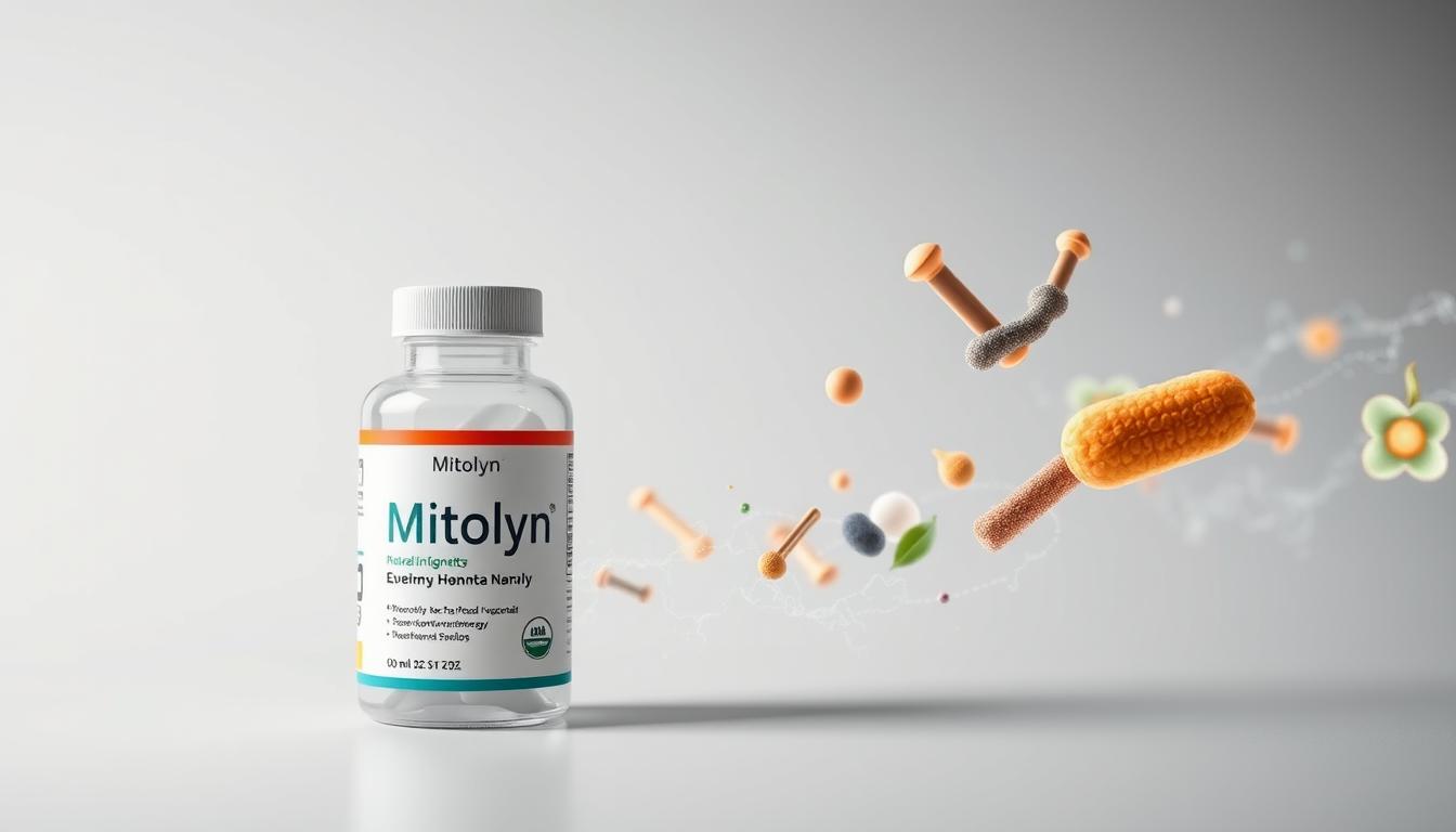 Mitolyn supplement bottle with ingredients visualization showing mitochondrial support