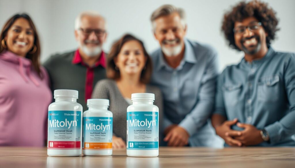 Mitolyn supplement bottles with satisfied customers in background Mitolyn supplement bottles with satisfied customers in background
