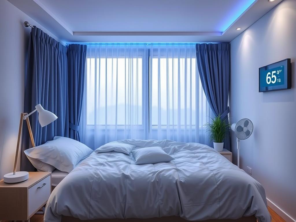 Peaceful bedroom environment optimized for quality sleep with proper temperature, lighting, and comfortable bedding Peaceful bedroom environment optimized for quality sleep with proper temperature, lighting, and comfortable bedding