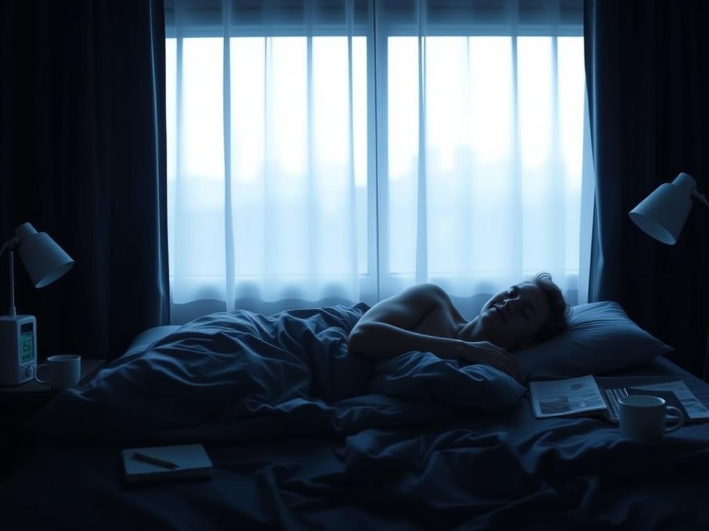 Person peacefully sleeping in optimized bedroom environment with visual elements of the SleepLean approach Person peacefully sleeping in optimized bedroom environment with visual elements of the SleepLean approach