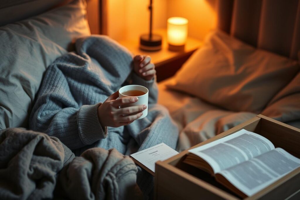 Person performing relaxing bedtime routine with herbal tea, book, and dimmed lighting Person performing relaxing bedtime routine with herbal tea, book, and dimmed lighting