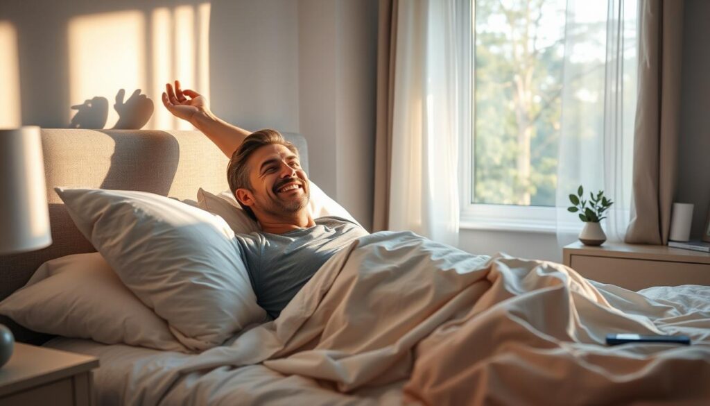 Person waking up refreshed and energized after implementing SleepLean strategies Person waking up refreshed and energized after implementing SleepLean strategies