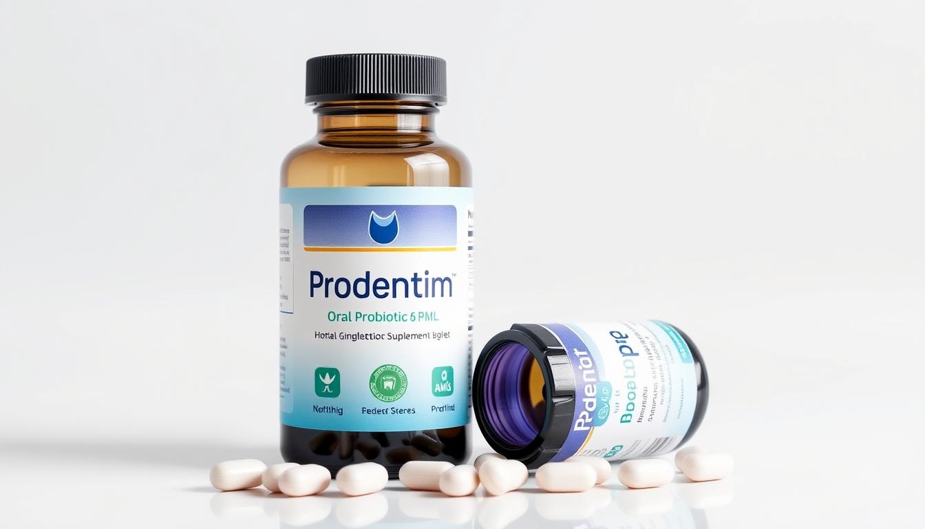 Prodentim supplement bottle and tablets against a clean dental background