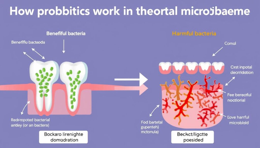 Scientific illustration of how probiotics work in the oral microbiome
