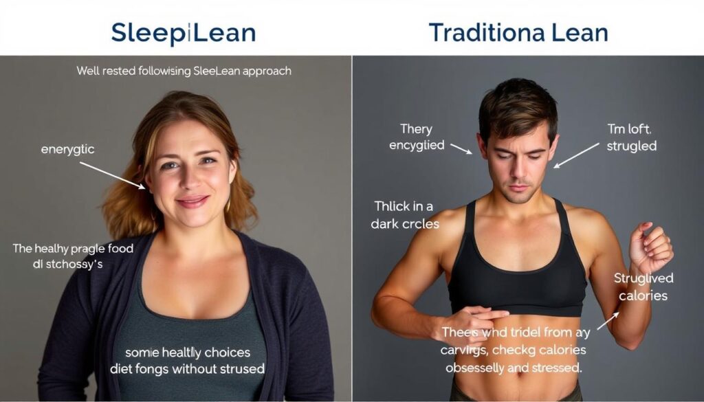 Side-by-side comparison of a person following SleepLean approach versus traditional diet showing different energy levels and results Side-by-side comparison of a person following SleepLean approach versus traditional diet showing different energy levels and results