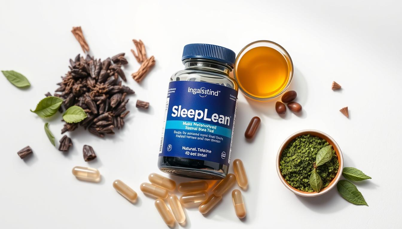 SleepLean supplement bottle with capsules and natural ingredients
