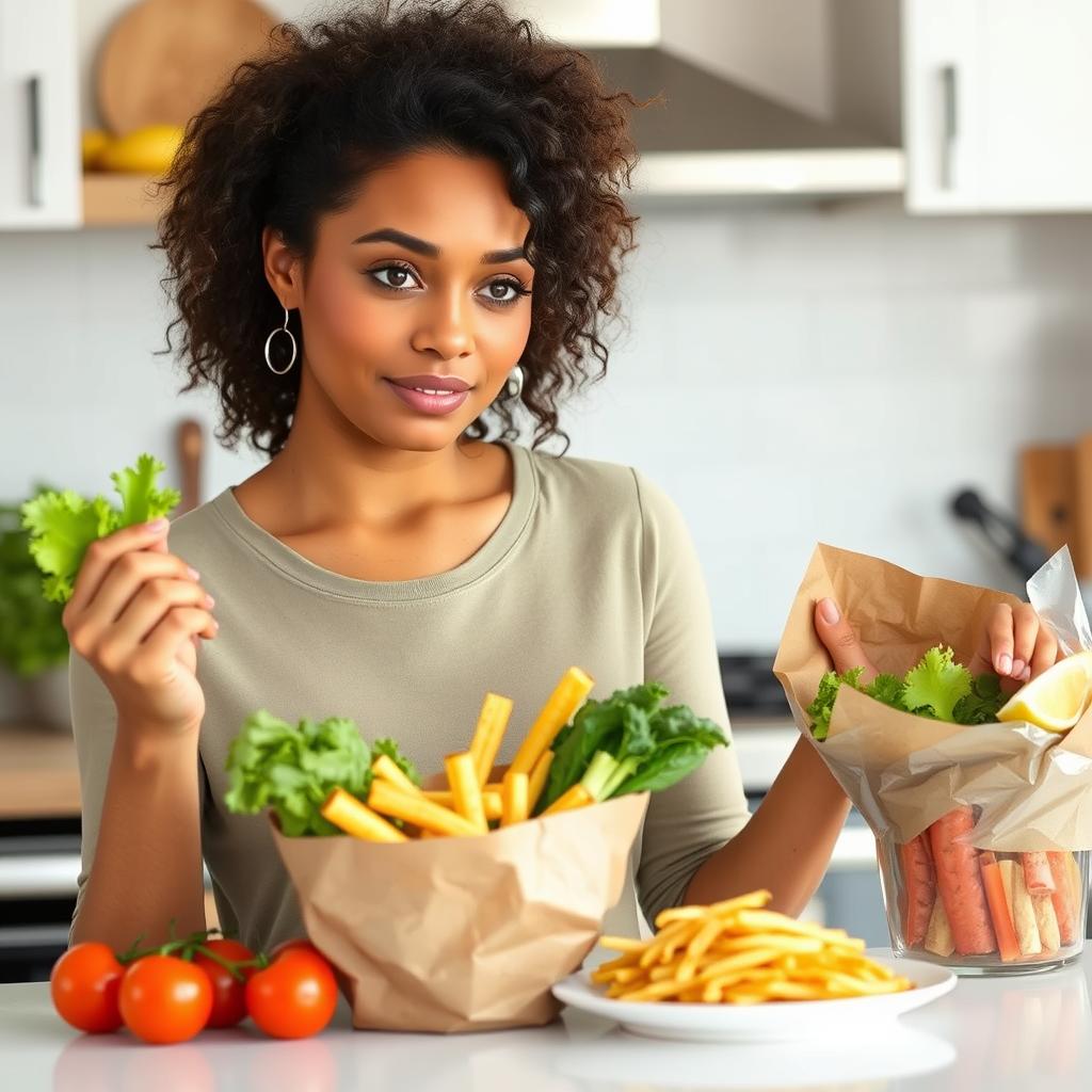 Woman choosing healthy food instead of junk food, showing reduced cravings Woman choosing healthy food instead of junk food, showing reduced cravings