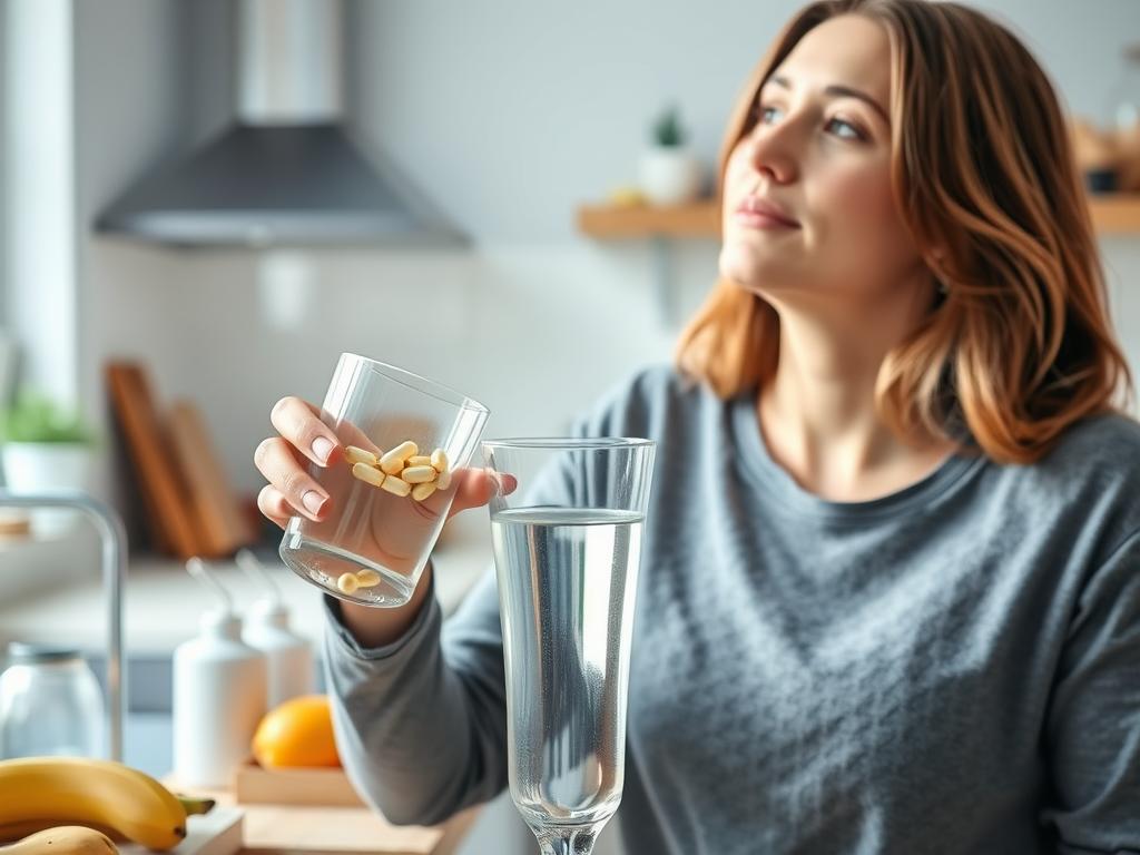 Woman taking Mitolyn supplement with a glass of water Woman taking Mitolyn supplement with a glass of water