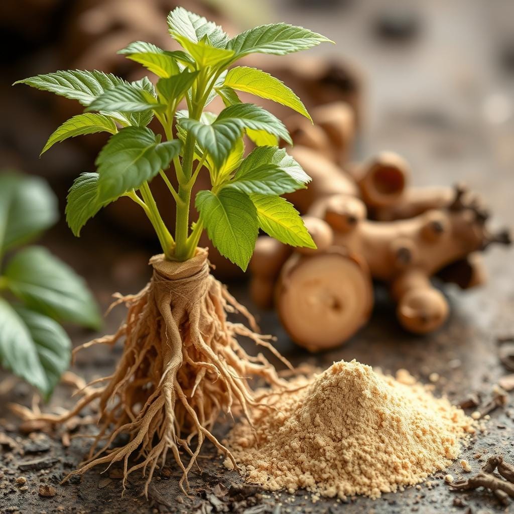 Ashwagandha plant and root powder