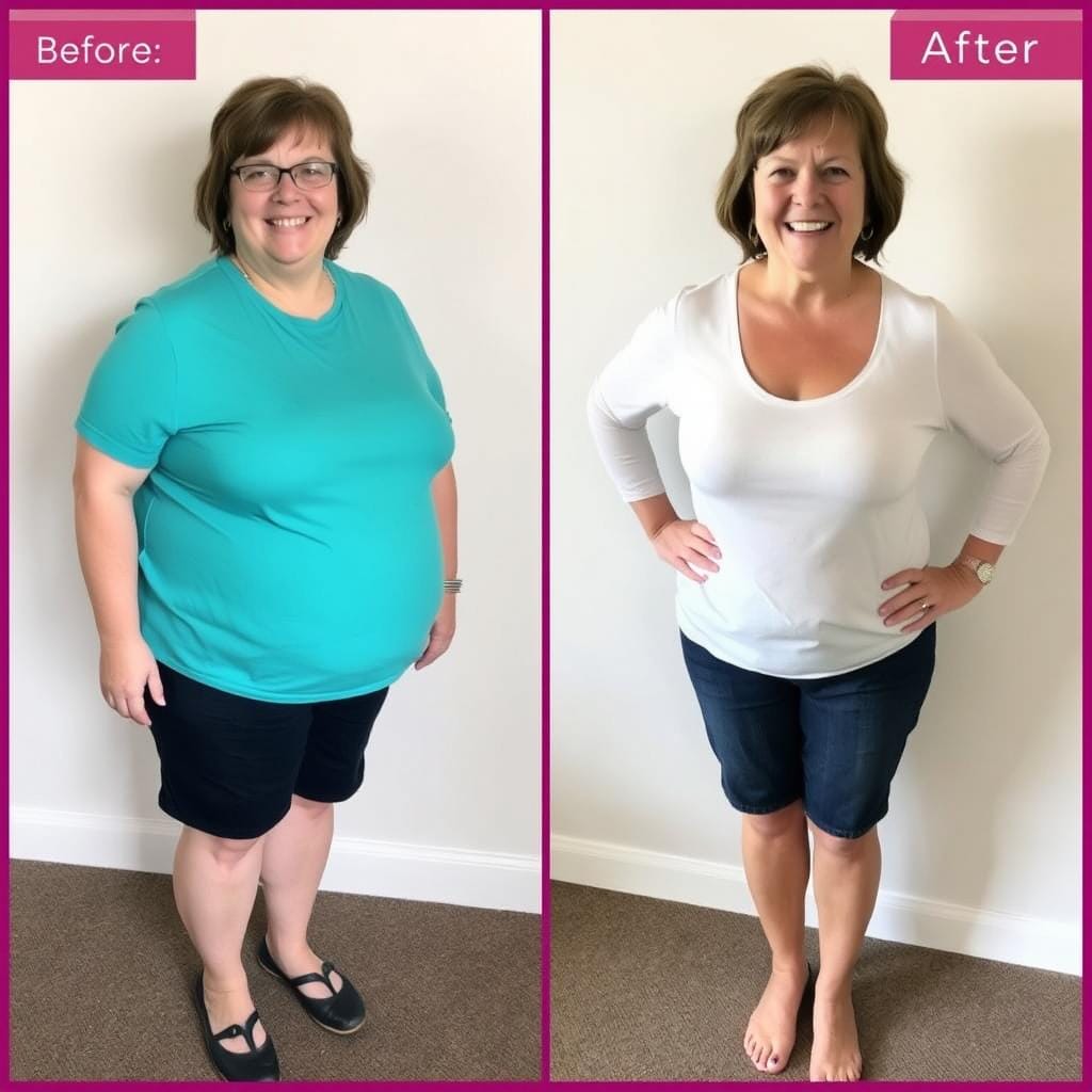 Before and after photo of Peggy who lost weight with Mitolyn