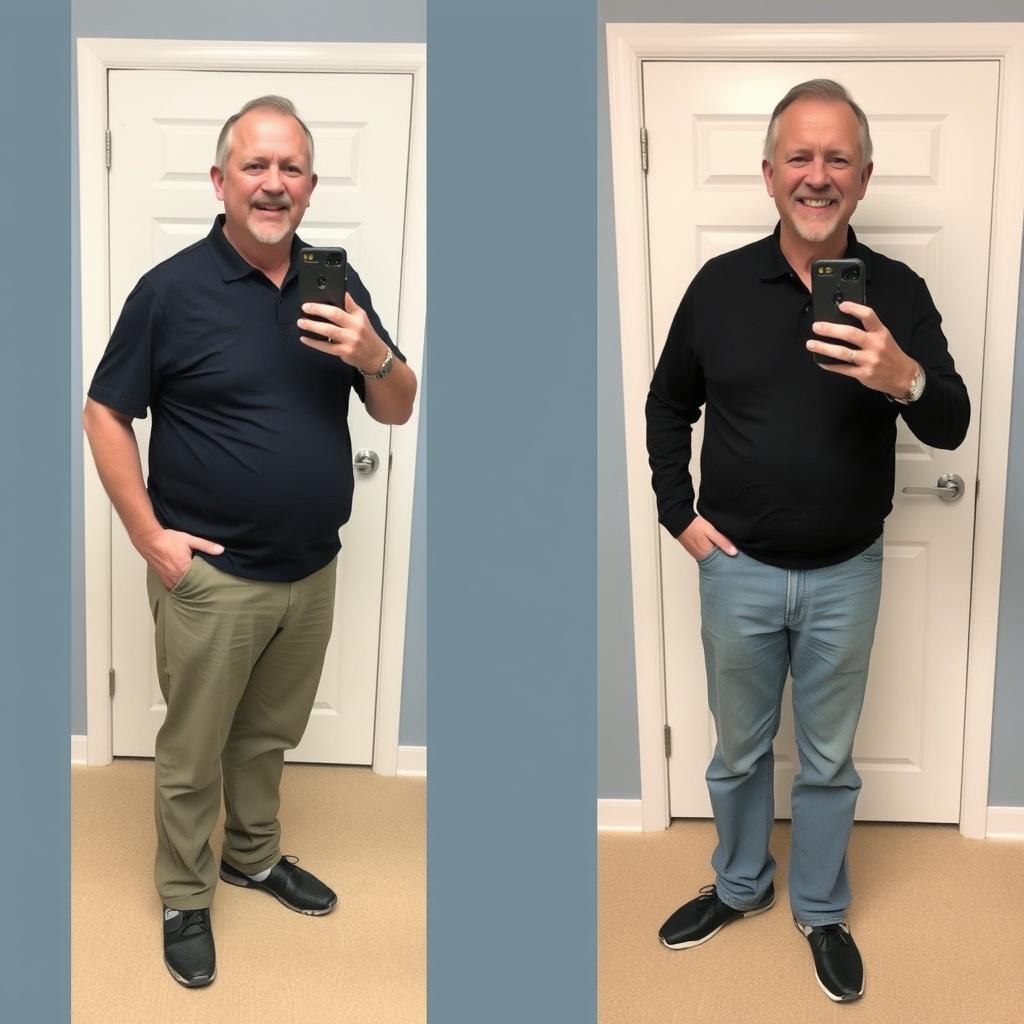 Before and after photo of Russell who lost 29 pounds with Mitolyn