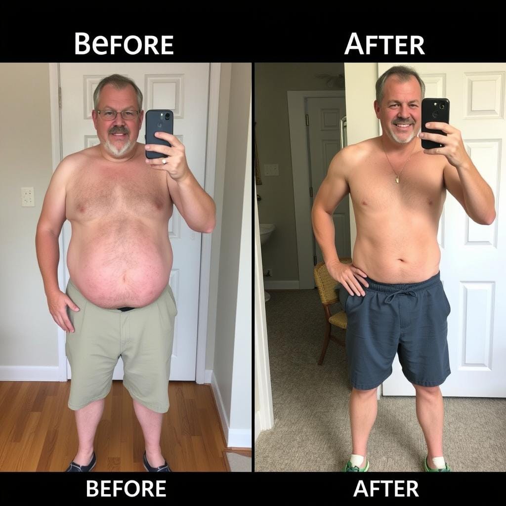 Before and after photo of Russell who lost weight with Mitolyn