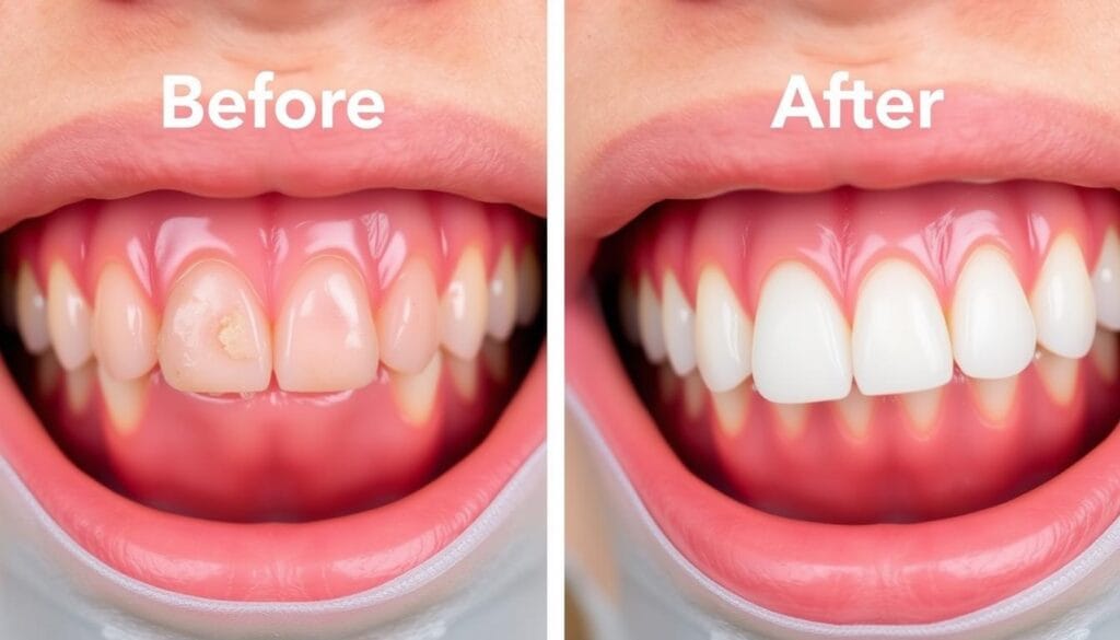 Before and after results of ProDentim use showing improved gum health and whiter teeth