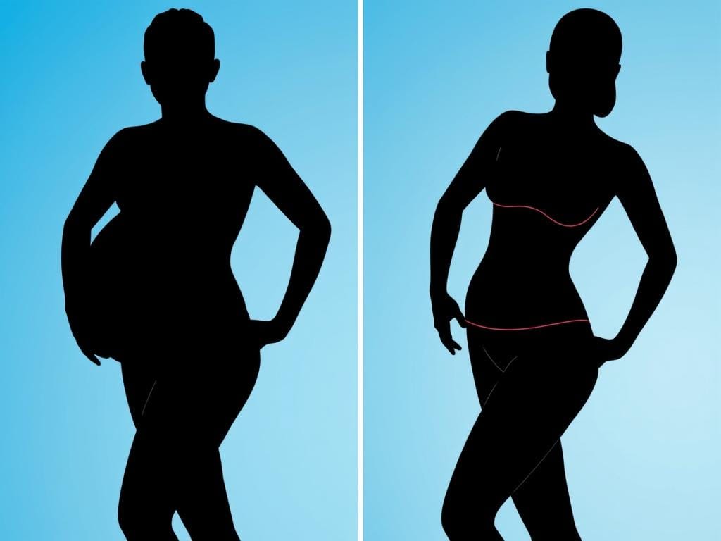 Before and after silhouettes showing belly fat reduction with Sleeplean