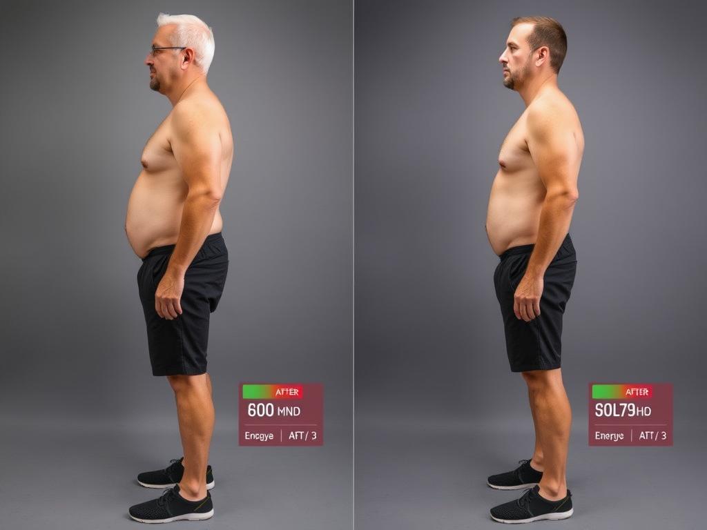 Before and after transformation of CardioSlim user showing improved health metrics and physical appearance Before and after transformation of CardioSlim user showing improved health metrics and physical appearance