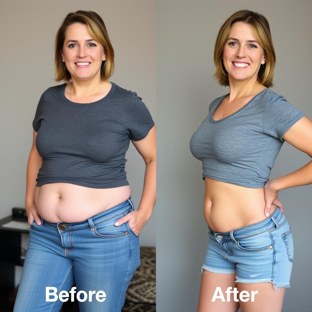 Before and after transformation of Sarah who lost belly fat using LeanBiome probiotic