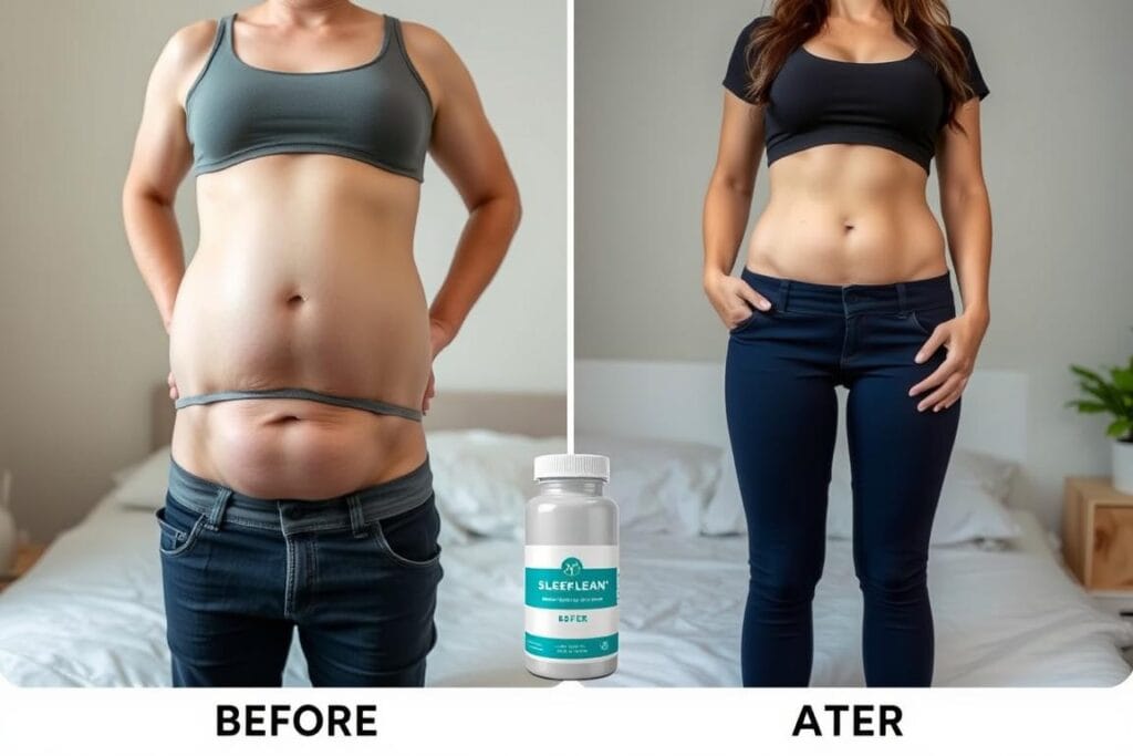 Before and after transformation of a Sleeplean user showing weight loss results