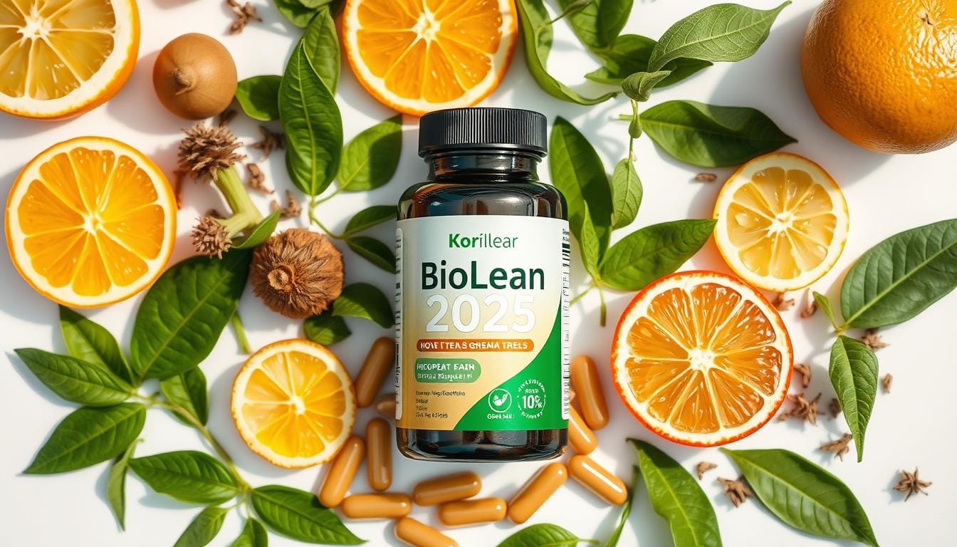 BioLean 2025 natural body detox & fat loss supplement bottle with natural ingredients in the background