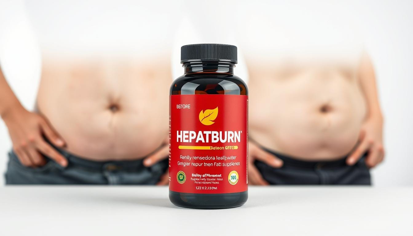Bottle of Hepatoburn supplement with visible belly fat reduction results
