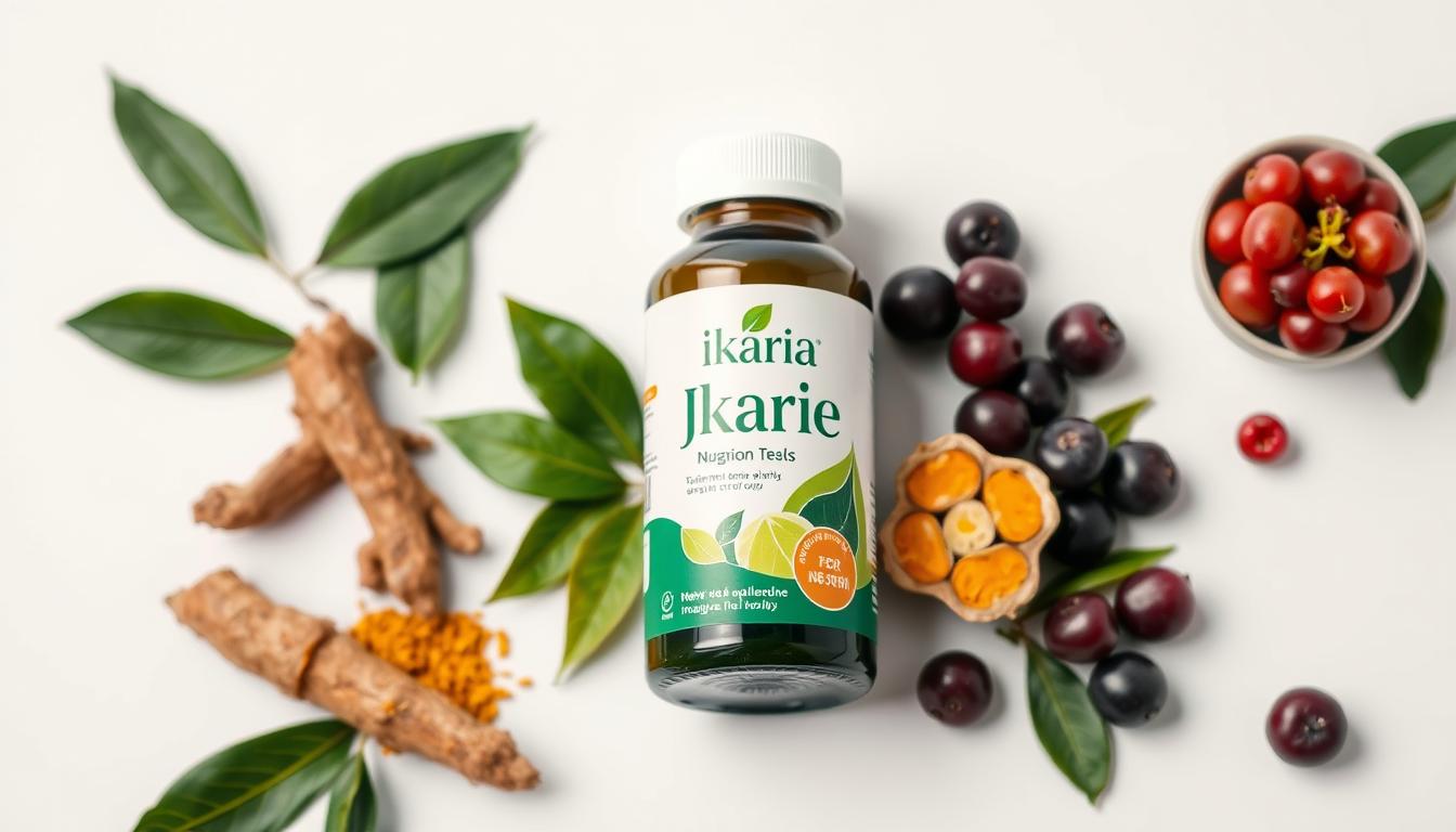 Bottle of Ikaria Juice formula with natural ingredients surrounding it, highlighting its natural fat-burning properties