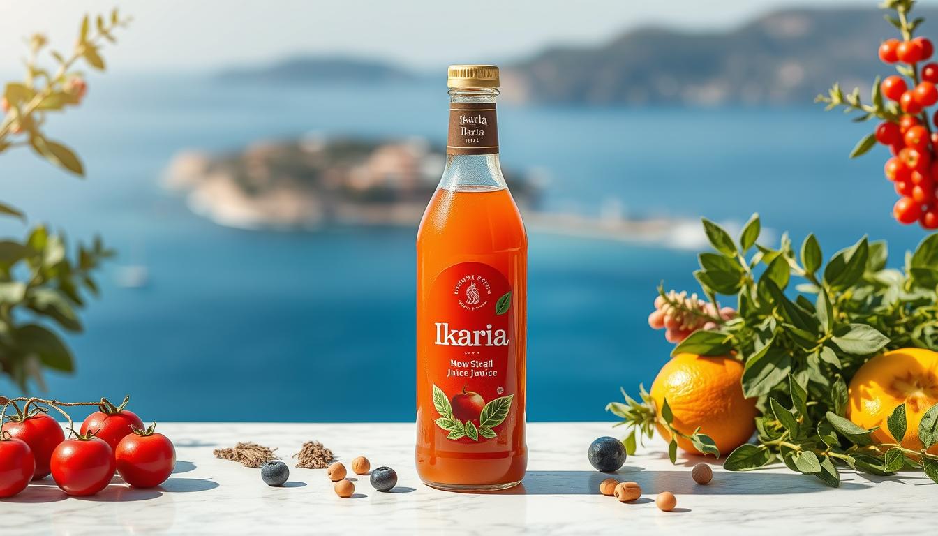 Bottle of Ikaria Juice with fresh ingredients and Blue Zone landscape in background