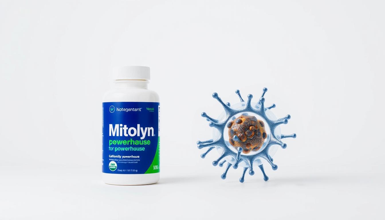 Bottle of Mitolyn supplement with mitochondria illustration in background