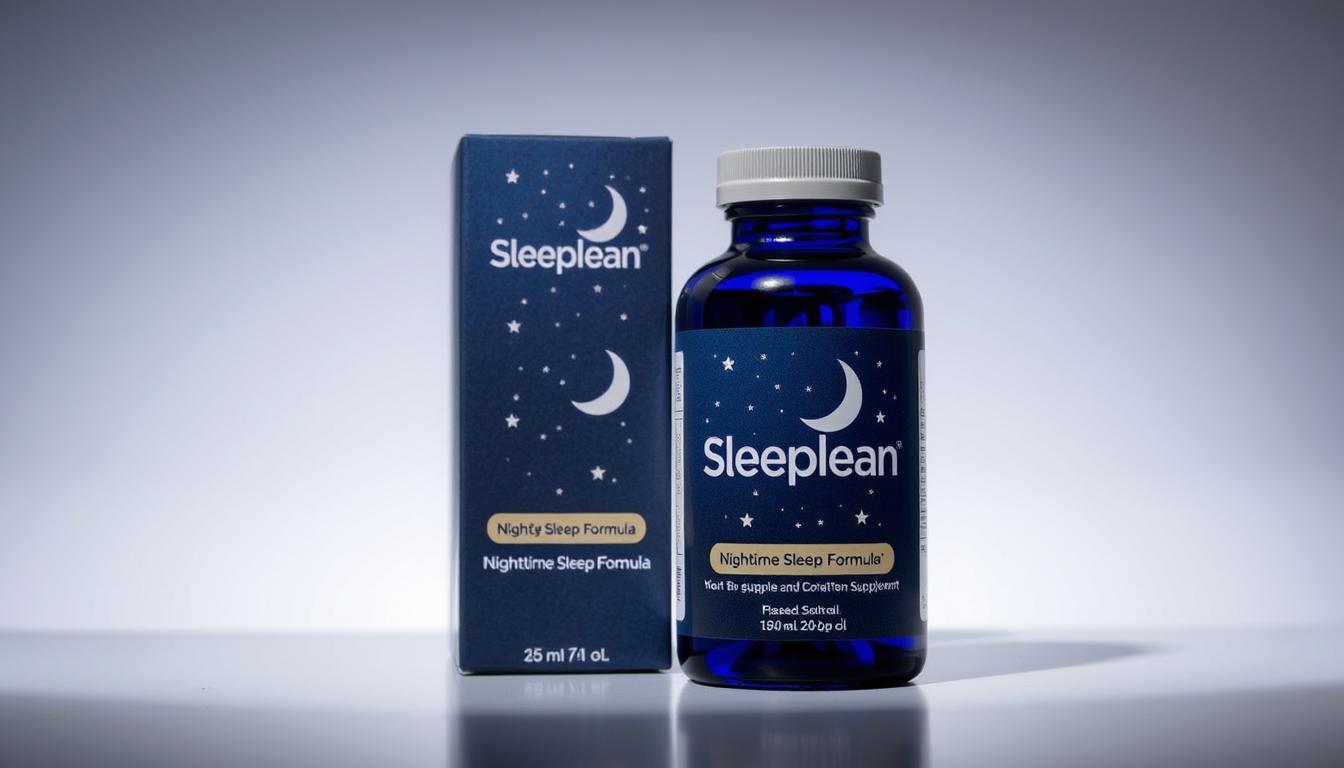 Bottle of Sleeplean supplement with packaging showing nighttime formula