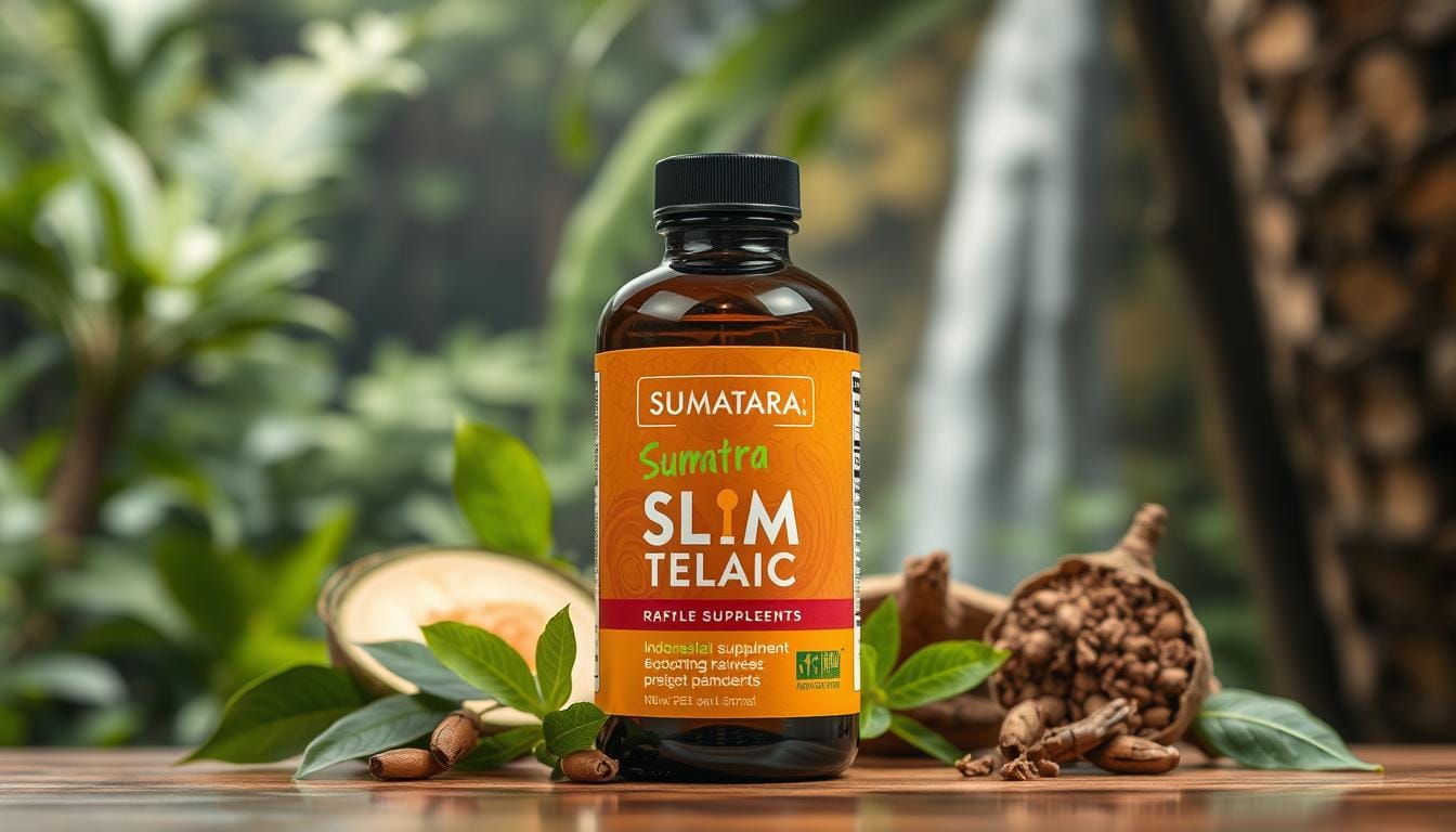 Bottle of Sumatra Slim Belly Tonic with exotic Indonesian ingredients background